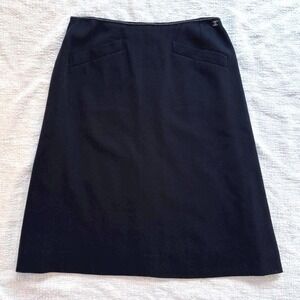 Chanel Black Wool A-Line Skirt Chain Waist CC Logo Spring 2000 P00 Sz. 42